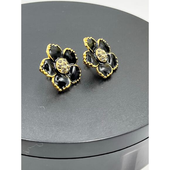 Kate Spade NY Black Enamel Pave Center Gold Plated Flower Stud Pierced Earrings - Picture 4 of 8